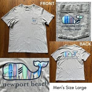 Mens SZ Large Vineyard Vines Newport Beach Gray T-Shirt Whale Surf Board Summer